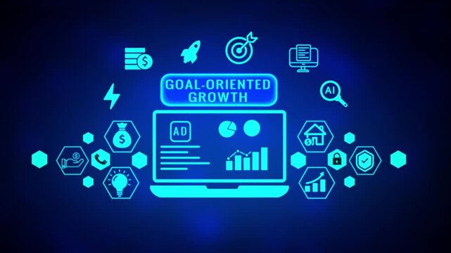 Digital display of goal oriented growth with luminous blue neon hexagons and for advertising analytics business growth and home on a dark background