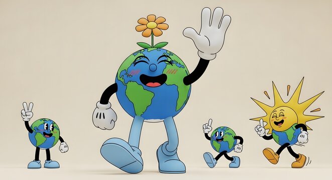 Earth day cartoon characters promoting environmental awareness and sustainability