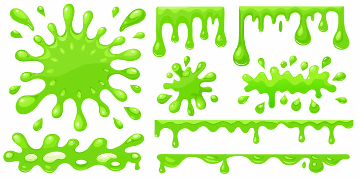 Collection of vibrant green slime drips splatters and flowing shapes