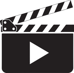 A black and white film clapperboard with a play button symbol in the center Vector