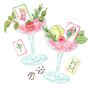 Watercolor Mahjong clipart,Mahjong cocktails,Mahjong cocktail napkin design,Mahjong party