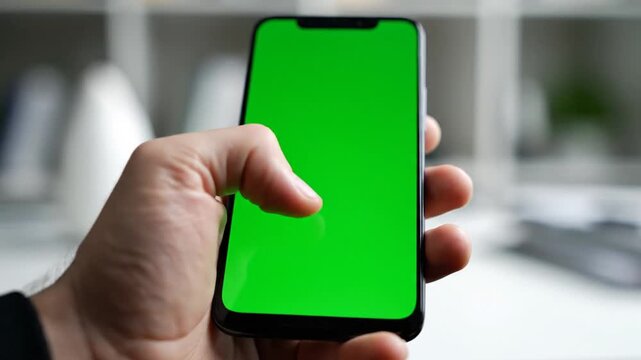 A person's hand holding a modern smartphone with a bright green screen, ready for custom content.
