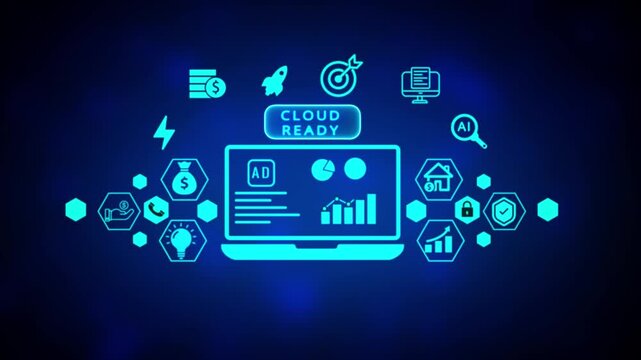 Cloud ready concept with glowing neon blue laptop displaying advertisement and surrounding hexagonal representing data storage and connectivity on a dark abstract background
