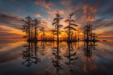 Naklejka premium Dramatic Sunrise Reflection over Water with Silhouetted Cypress Trees and Vibrant Orange Sky in Early Morning Hours