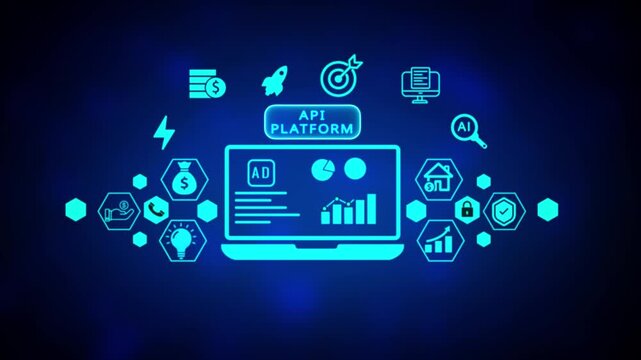 API platform concept with glowing neon blue laptop displaying advertisement and surrounding hexagonal representing software integration and connectivity on a dark abstract background
