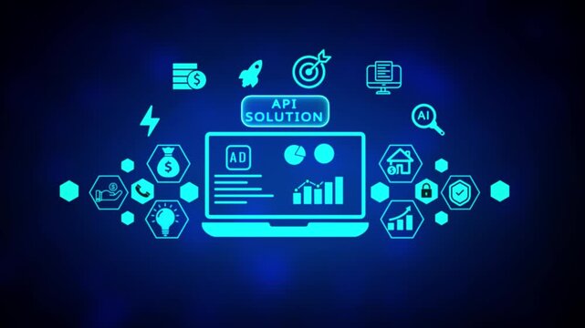 Digital interface displaying a laptop screen with an advertisement and surrounding hexagonal representing data, growth, home, and security in glowing neon blue against a dark blue background