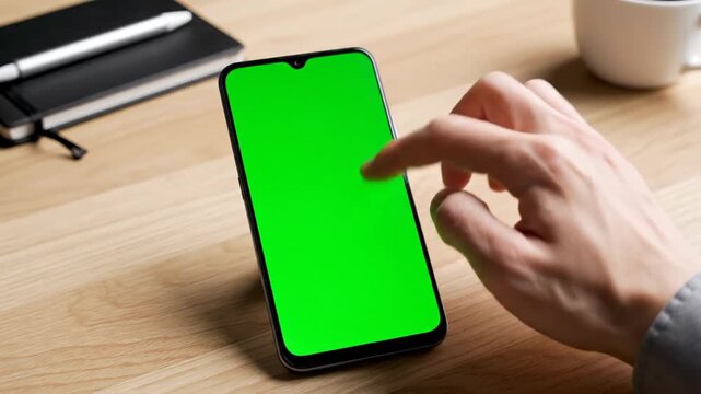 A person's hand interacts with a smartphone displaying a green screen on a wooden desk.