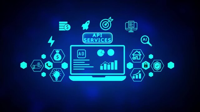 Futuristic digital display featuring a laptop with an ad on its screen, framed by glowing cyan hexagonal for data, home, growth, and security, set against a dark blue backdrop, illustrating API