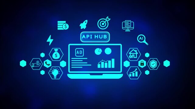Digital concept showing a laptop with an advertisement on its screen, surrounded by glowing neon blue hexagonal for data, home, growth, and security against a dark blue gradient background