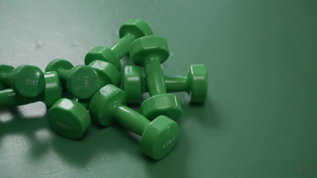 Close up shot of multiple light green hand weights of two kg and four kg lying side by side on gym floor, copy space
