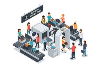 People undergoing security screening at airport security checkpoint with scanners and luggage
