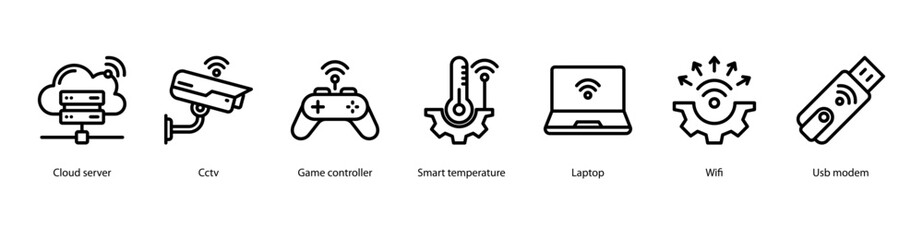 Digital Mobility web banner illustration featuring Cloud Server, CCTV, Game Controller, Smart Temperature, Laptop, Wifi, and USB Modem.