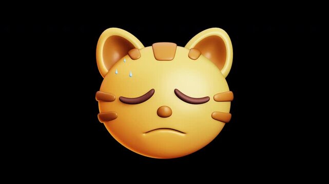 4k Alpha and Seamless Loop Animation of Disappointed Cat Emoji 3D Transparent Video with Quiet Tear