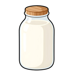 Clear Glass Milk Bottle With Wooden Lid Filled With Fresh White Milk Isolated on White Background