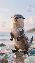 Playful Otter Surrounded By Colorful Bubbles On A Beach During A Sunny Day