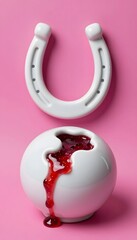 Horseshoe Above A Broken Ceramic Bowl Spilling Red Liquid On A Pink Background