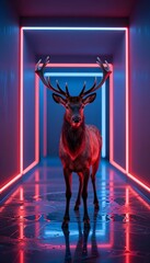Majestic Deer with Antlers in a Neon Lit Hallway with Colorful Lighting Effects