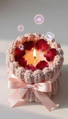 Decorative Scented Candle with Rose Petals and Soft Knitted Cover in a Cozy Home Setting