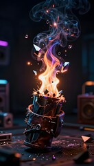 Dynamic Abstract Representation of Fire and Smoke Erupting from a Magical Container of Crystals