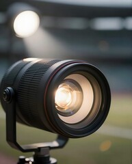 Close-Up of Professional Camera Lens with Soft Lighting at a Sports Stadium During Dusk