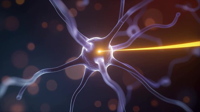 3D Illustration Of Human Neuron With Glowing Electrical Signal