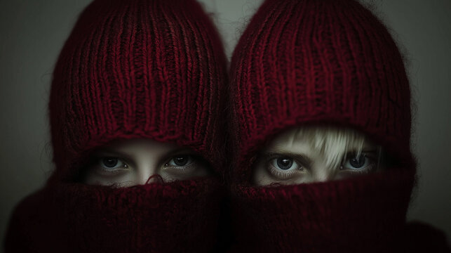 Twin Gazes in Red Knit ICE OUT Winter Hats ~ Created using Generative AI