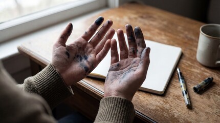 Artist's Hands Covered in Paint Showing Creative Process at a Rustic Workspace with Natural Light