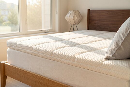 White quilted memory foam mattress topper on a wooden bed frame in a sunlit modern bedroom