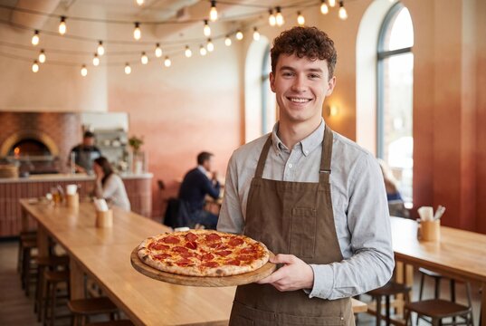 Smiling young male server holds a fresh pepperoni pizza in a modern italian restaurant