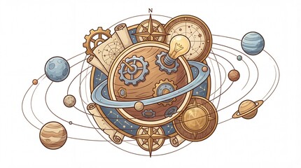 Vintage Steampunk Style Planetary Model with Gears and Celestial Bodies in Orbit