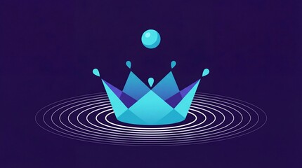 Geometric Blue Crown Icon Surrounded By Circular Waves And Drops on a Dark Background