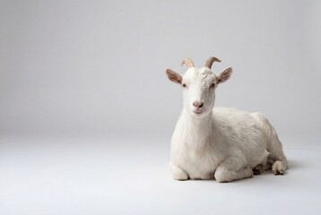 Obraz premium White goat resting calmly in studio setting