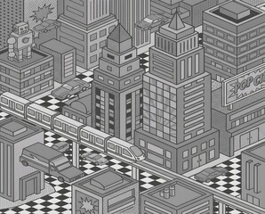 Detailed Monochrome Cityscape Illustration Featuring Geometric Buildings and Overhead Train