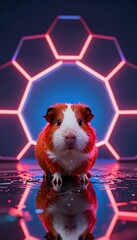 Closeup of a Cute Guinea Pig with Wet Fur in a Colorful Neon Studio Setting