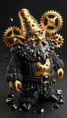 Unique Golden Gnome Figurine with Steampunk Gears and Textured Black Outfit on Dark Background