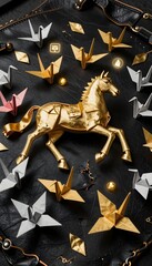 Obraz premium Golden Unicorn Surrounded by Silver and Gold Origami Cranes on a Black Textured Surface