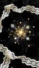 Abstract Gold and White Sparkling Design on Black Background with Intricate Lace Details