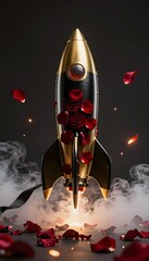 Futuristic Rocket Surrounded by Falling Rose Petals with Smoky Background and Dynamic Atmosphere