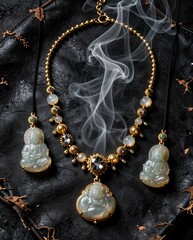 Elegant Jade Buddha Necklace with Gold Accents and Delicate Smoke on Dark Background