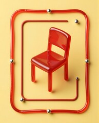 Red Plastic Chair Surrounded by Geometric Red Lines and Metallic Spheres on Yellow Background