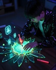 Young Individual Engaging in Creative Digital Illustration with Neon Effects in Modern Workspace