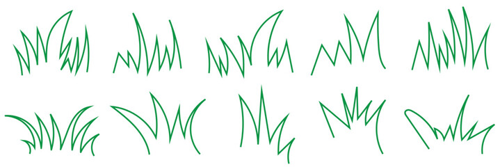 Fototapeta premium Hand Drawn Grass Doodle Vector . Collection of green hand drawn grass sketches and scribbles, simple nature elements isolated on white background for design use. 