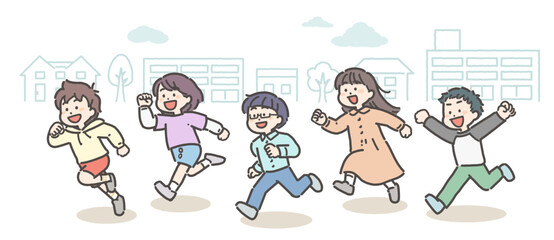 Naklejka premium 町中を走る小学生の男女グループ