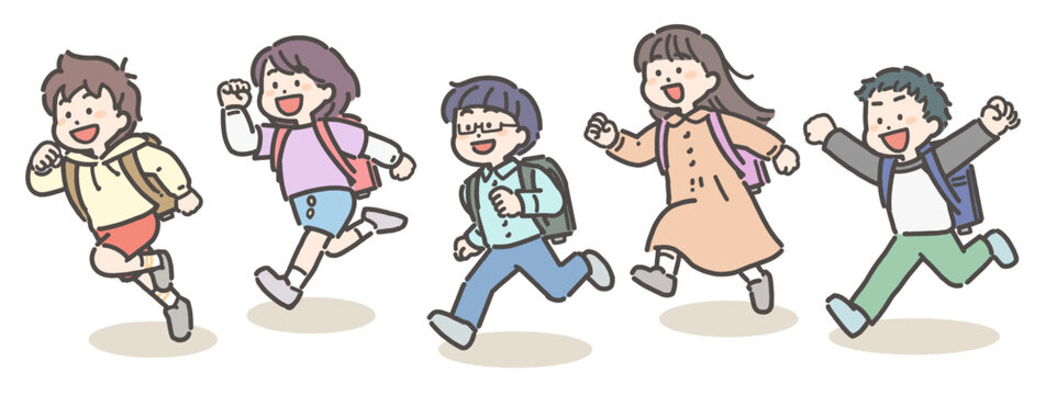 ランドセルを背負って走る、小学生の男の子と女の子のグループ