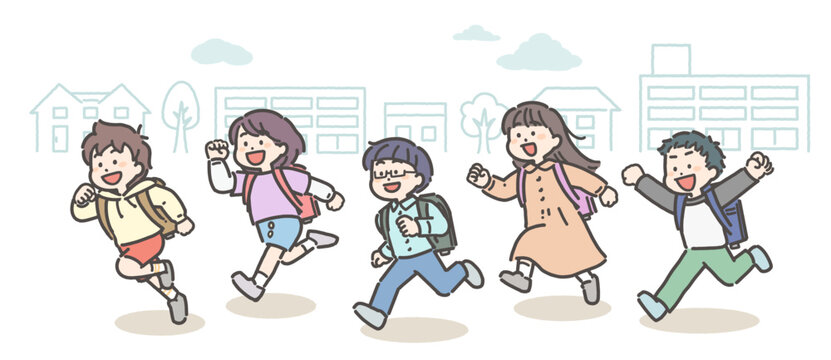 ランドセルを背負って町中を走る小学生の男女グループ