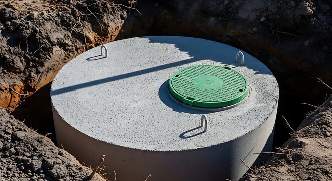 Concrete Septic Tank Installation with Green Manhole Cover in Excavation Pit