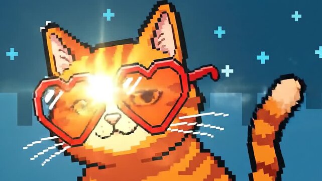 Retro 8-bit pixel animation of a cat in heart glasses.