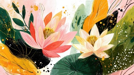 Floral Watercolor Illustration Featuring Pink and White Lotus Flowers with Green and Yellow Leaves on Textured Background in Bold Brushstrokes