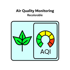 Flat vector icon illustrating air quality monitoring with sensor and data indicators, representing pollution detection, environmental health tracking, and clean air management for smart cities.