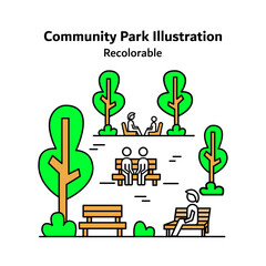 Flat vector icon illustrating a community park with trees, pathways, and public green space elements, representing urban recreation, social spaces, and sustainable city living concepts.